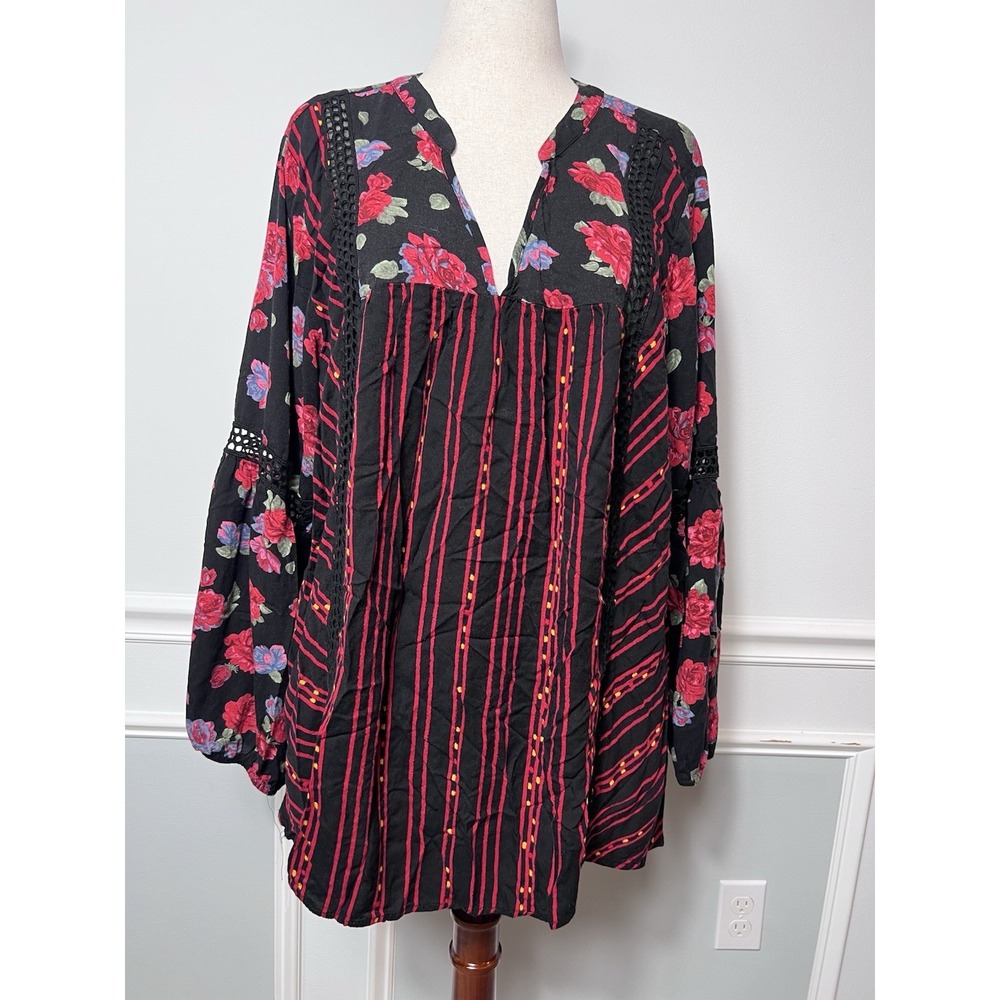 Torrid Blouse Women 3-Black Floral Striped Tunic Top-Boho-Romantic-Peasant-Flowy